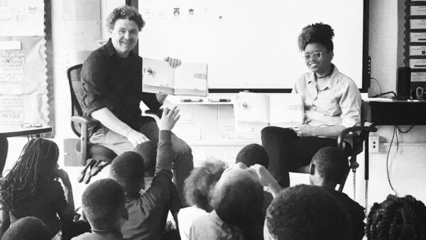 Dave Eggers sits with DC students through the 826DC Visiting Authors Program.