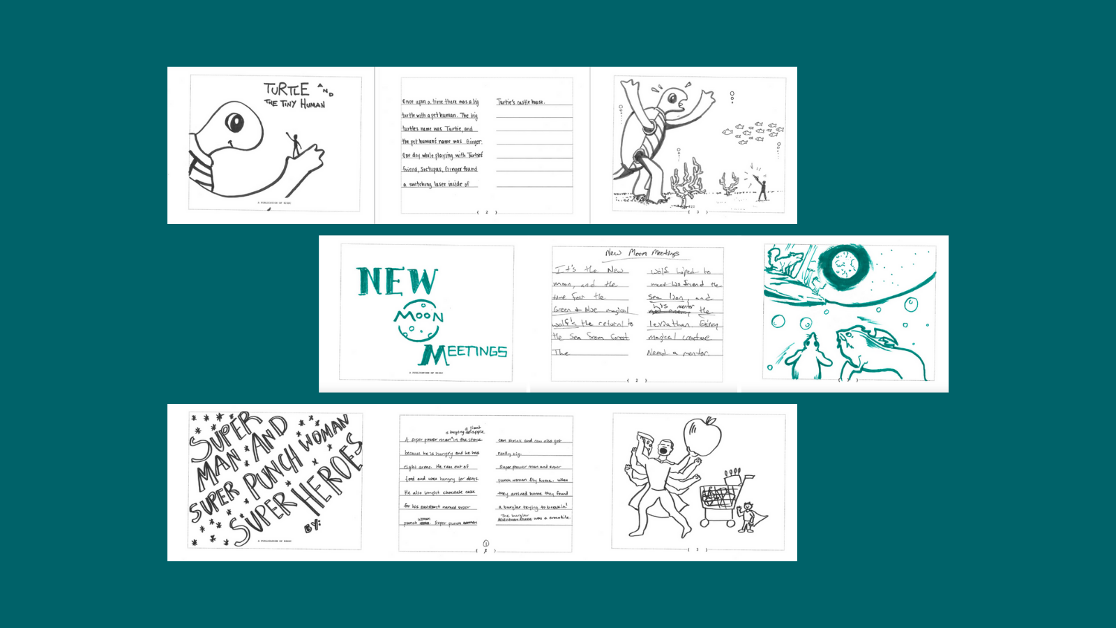 Spread of the first three pages from the workshop storybooks