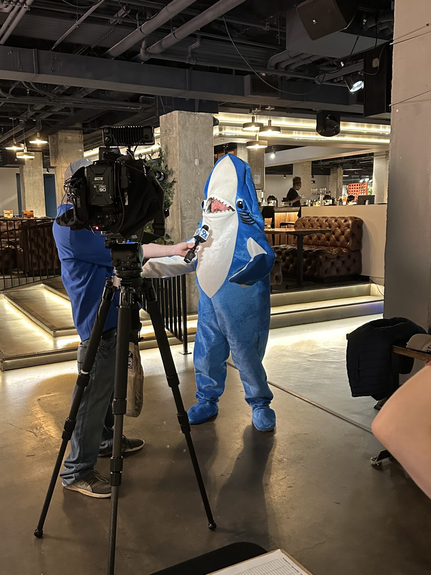 Guy in shark costume being interviewed on camera