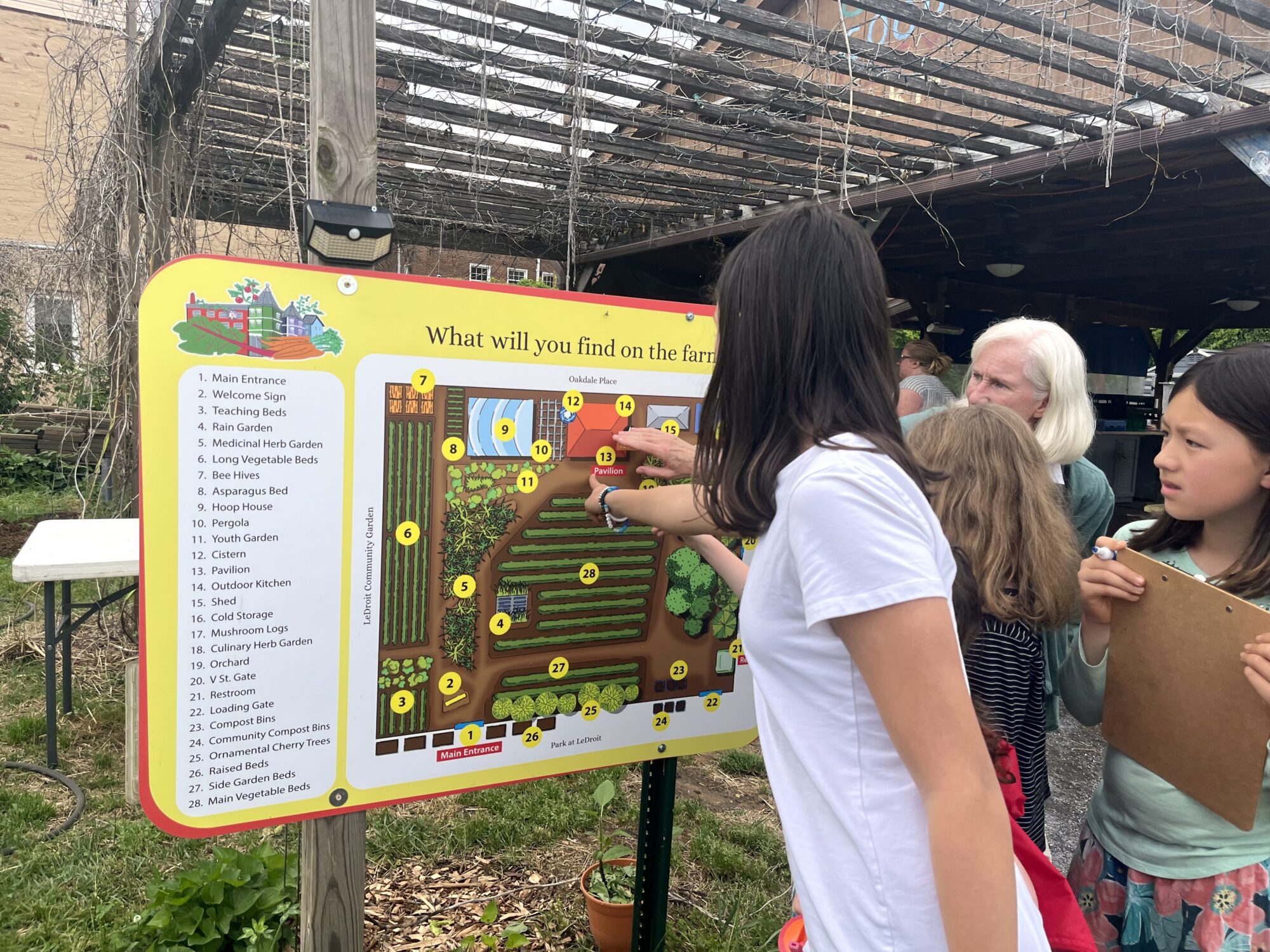 Students and volunteer looking at a map